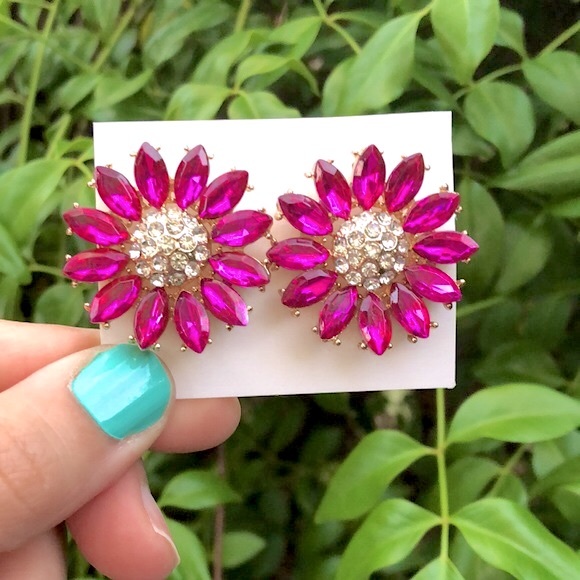 Hot Pink Sunflower Crystal Earrings - Picture 4 of 5